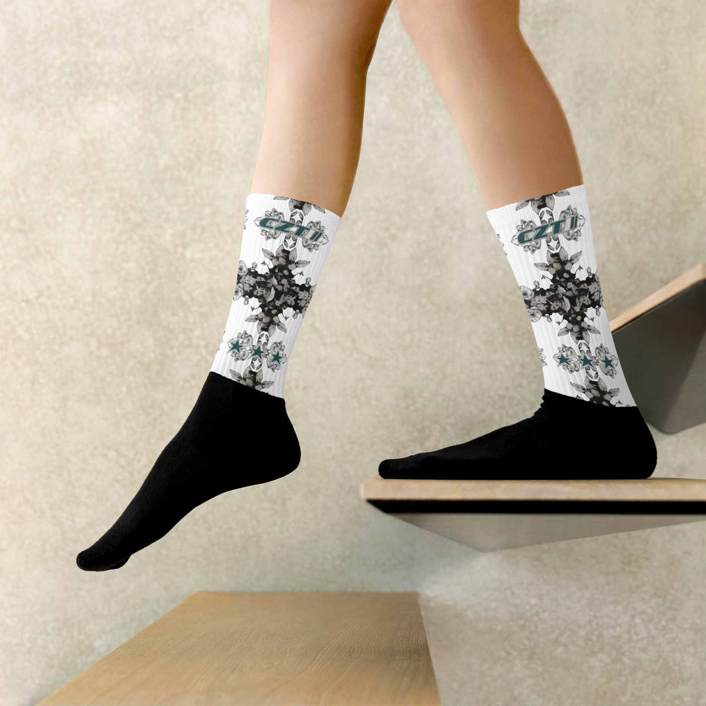 CZT FLORAL Herringbone Black Bottom Sublimation Socks