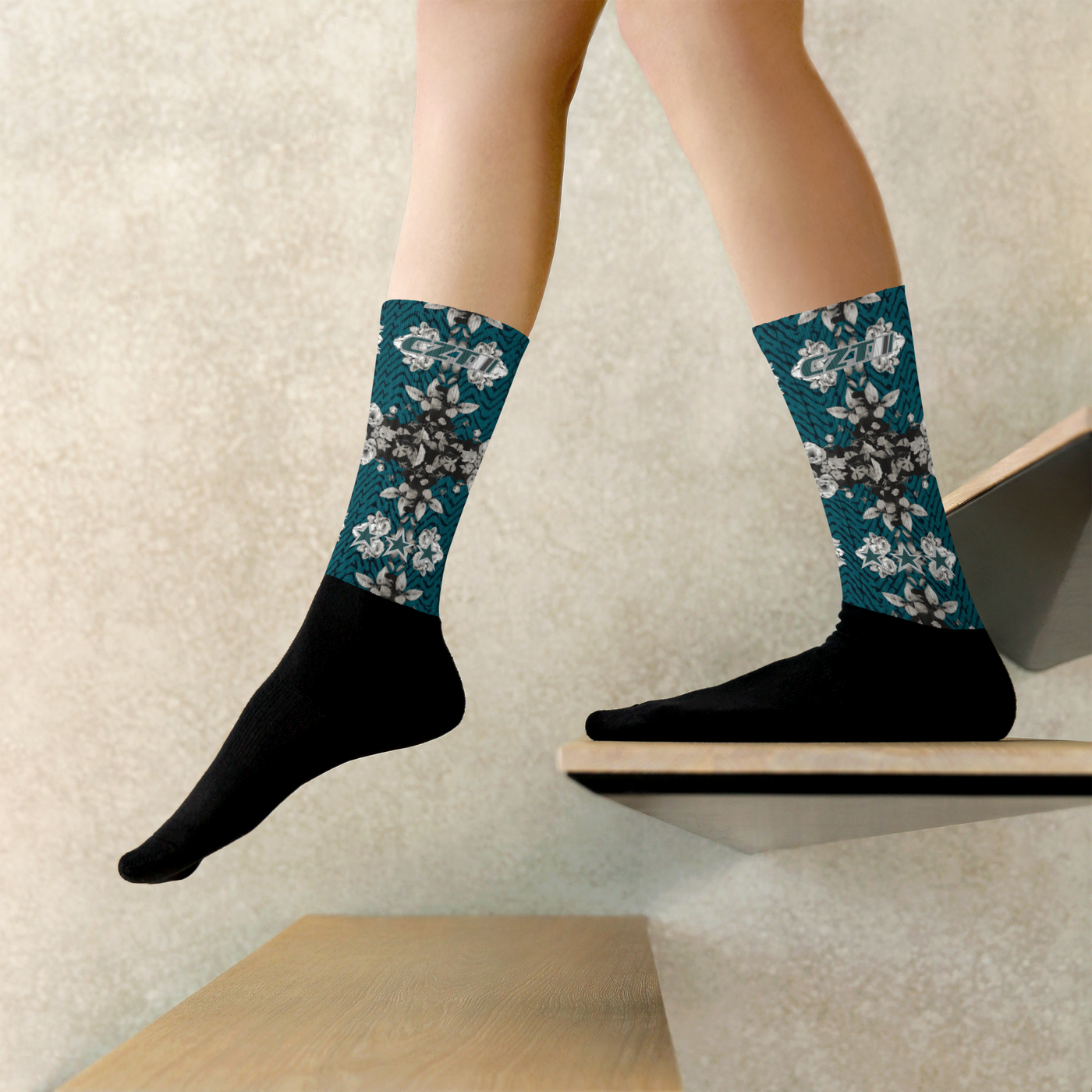 CZT FLORAL Herringbone Black Bottom Sublimation Socks