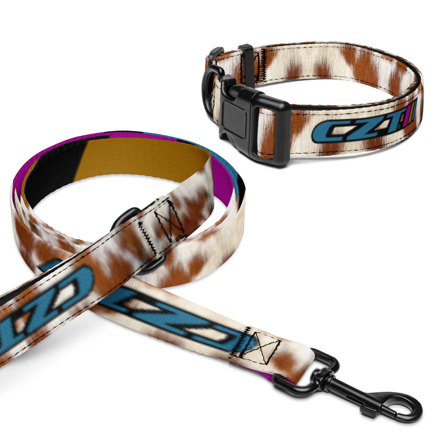 Dog collar and leash with a camouflage pattern on a white background